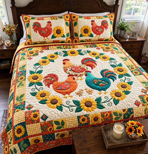 Sunflower Chicken Garden 3-Piece Quilted Bedding Set GFTONTD4395