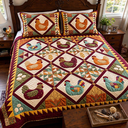 Harvest Hen Patchwork 3-Piece Quilted Bedding Set GFTONTD4397