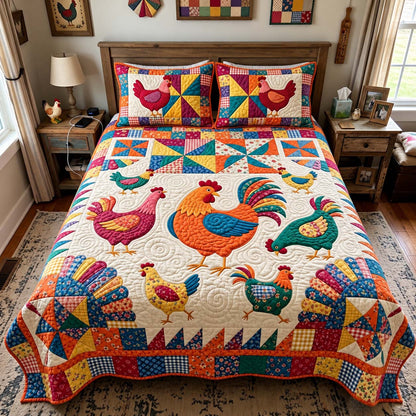 Colorful Farmyard Chickens 3-Piece Quilted Bedding Set GFTONTD4398