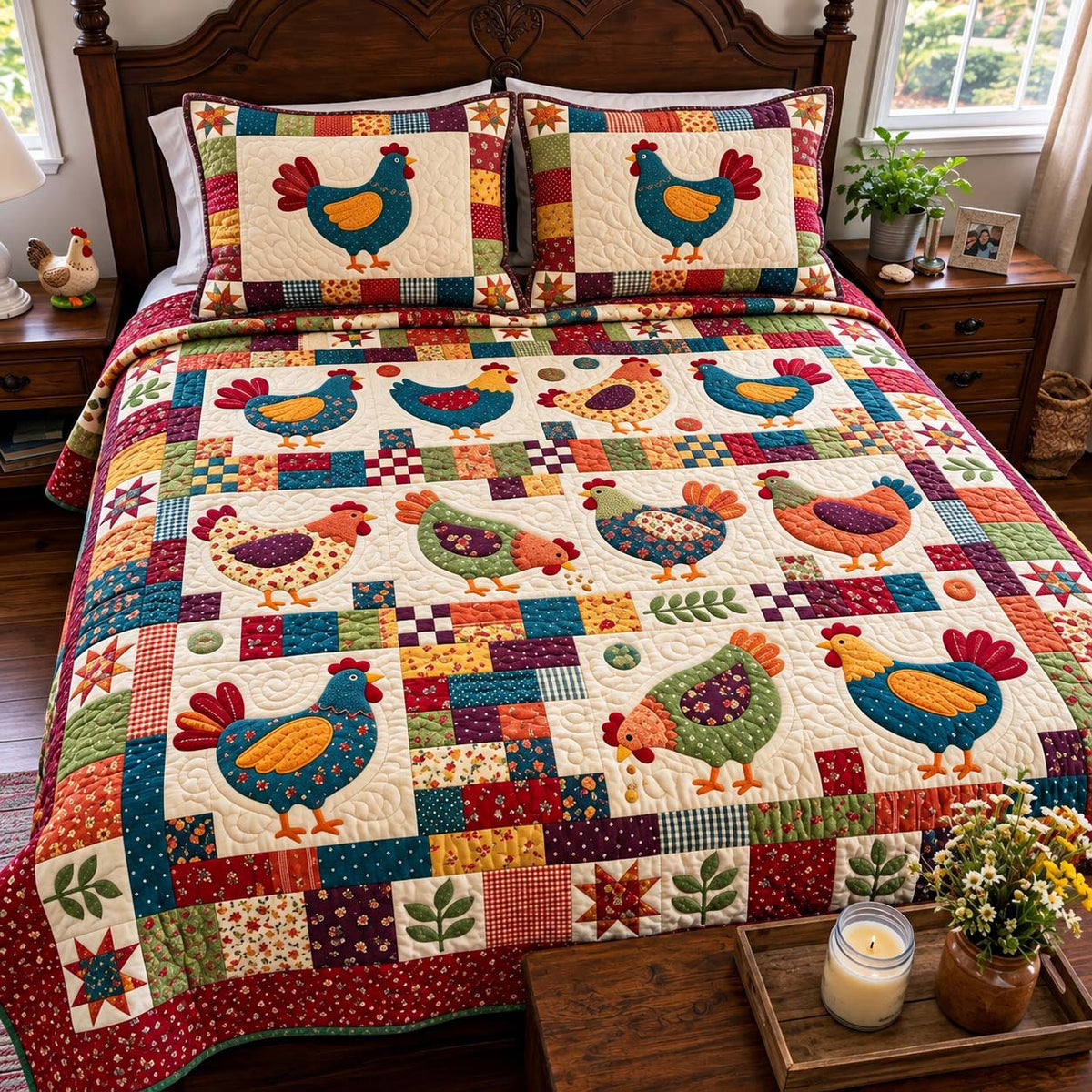 Country Chicken Patchwork 3-Piece Quilted Bedding Set GFTONTD4399