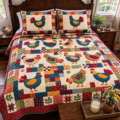 Country Chicken Patchwork 3-Piece Quilted Bedding Set GFTONTD4399