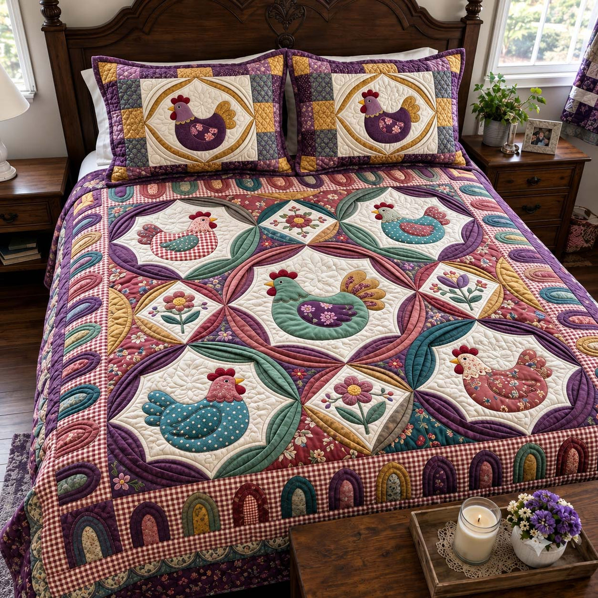Vintage Hen Garden 3-Piece Quilted Bedding Set GFTONTD4400