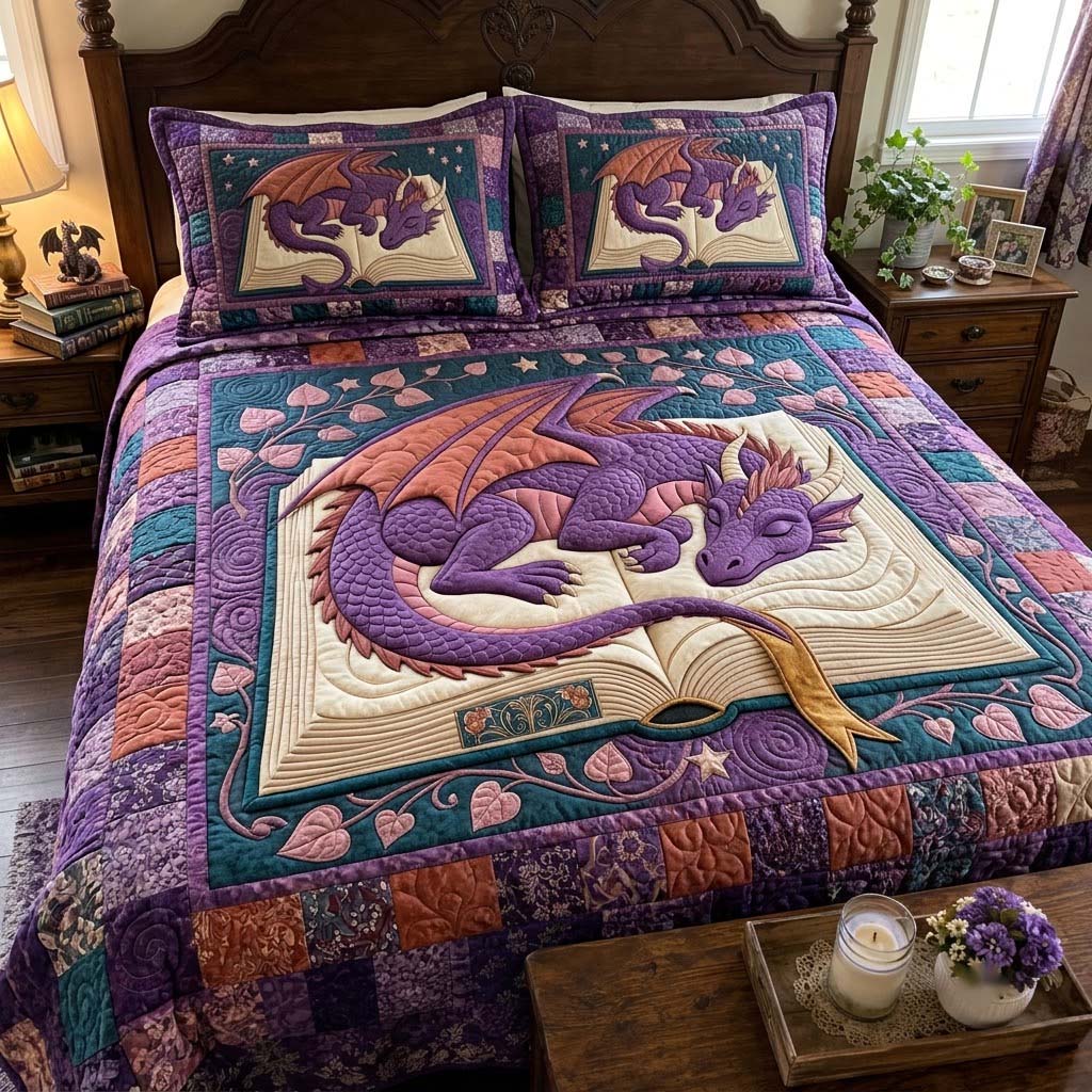 Sleeping Story Dragon 3-Piece Quilted Bedding Set GFTONTD4402