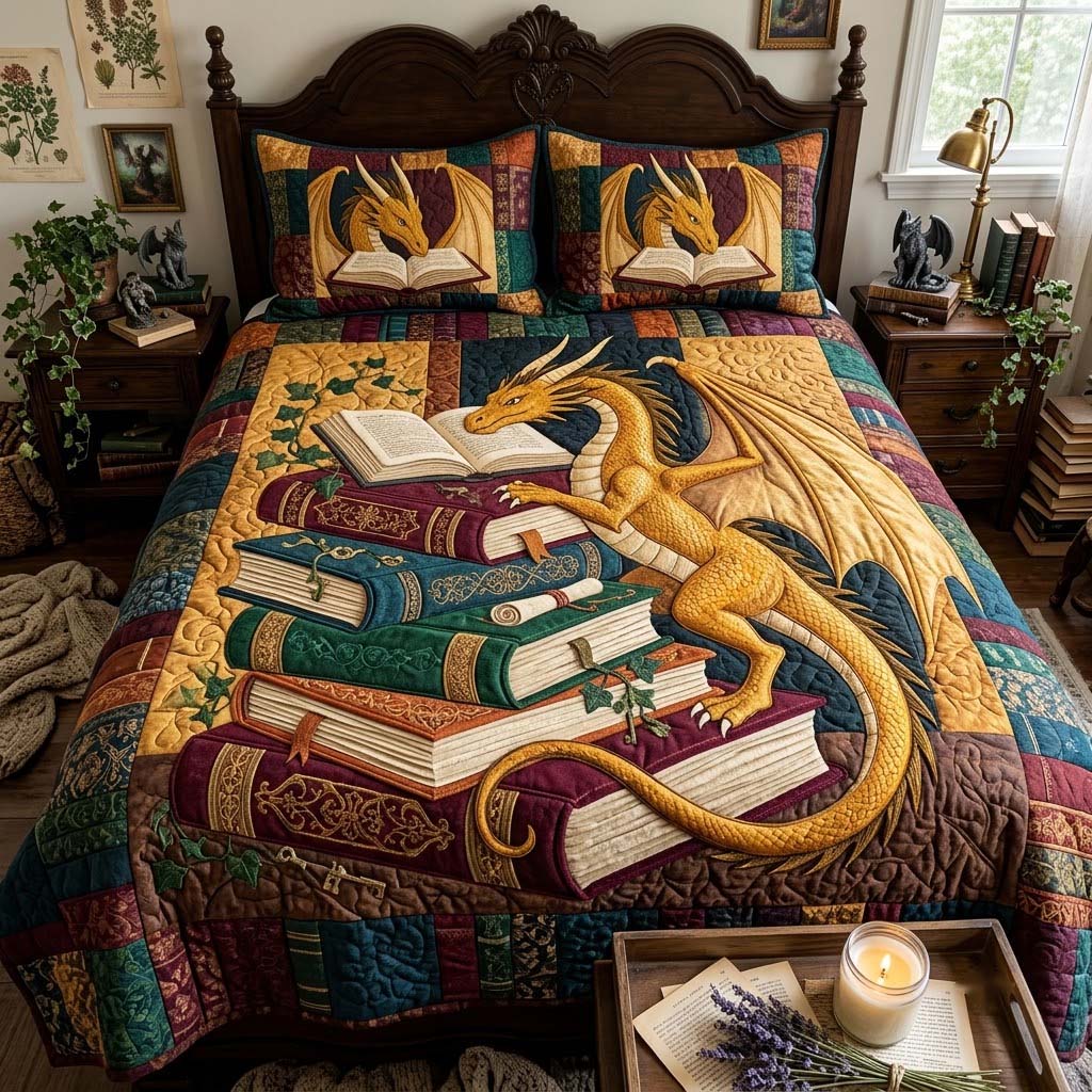 Golden Bookwyrm 3-Piece Quilted Bedding Set GFTONTD4405
