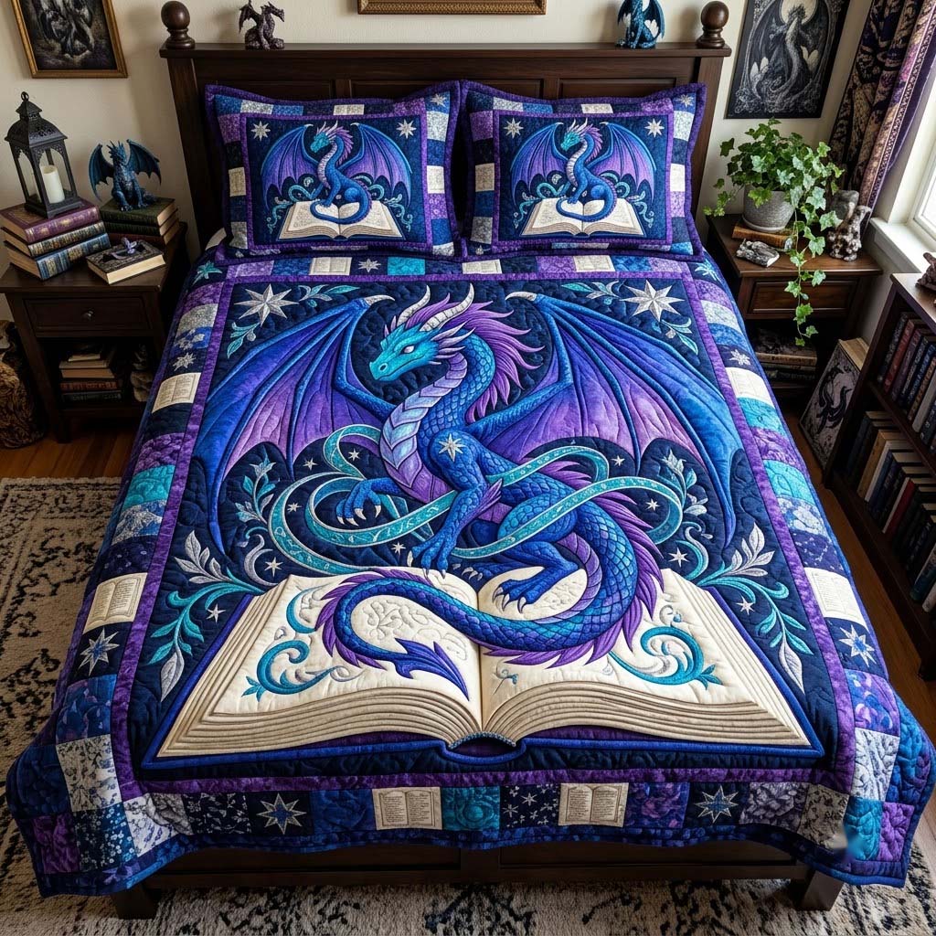 Celestial Reading Dragon 3-Piece Quilted Bedding Set GFTONTD4406