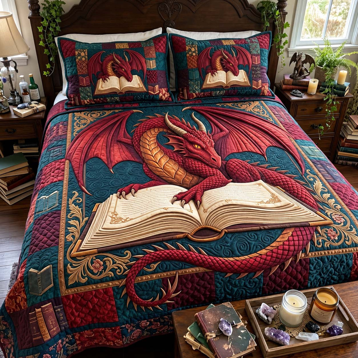 Crimson Lorekeeper 3-Piece Quilted Bedding Set GFTONTD4407