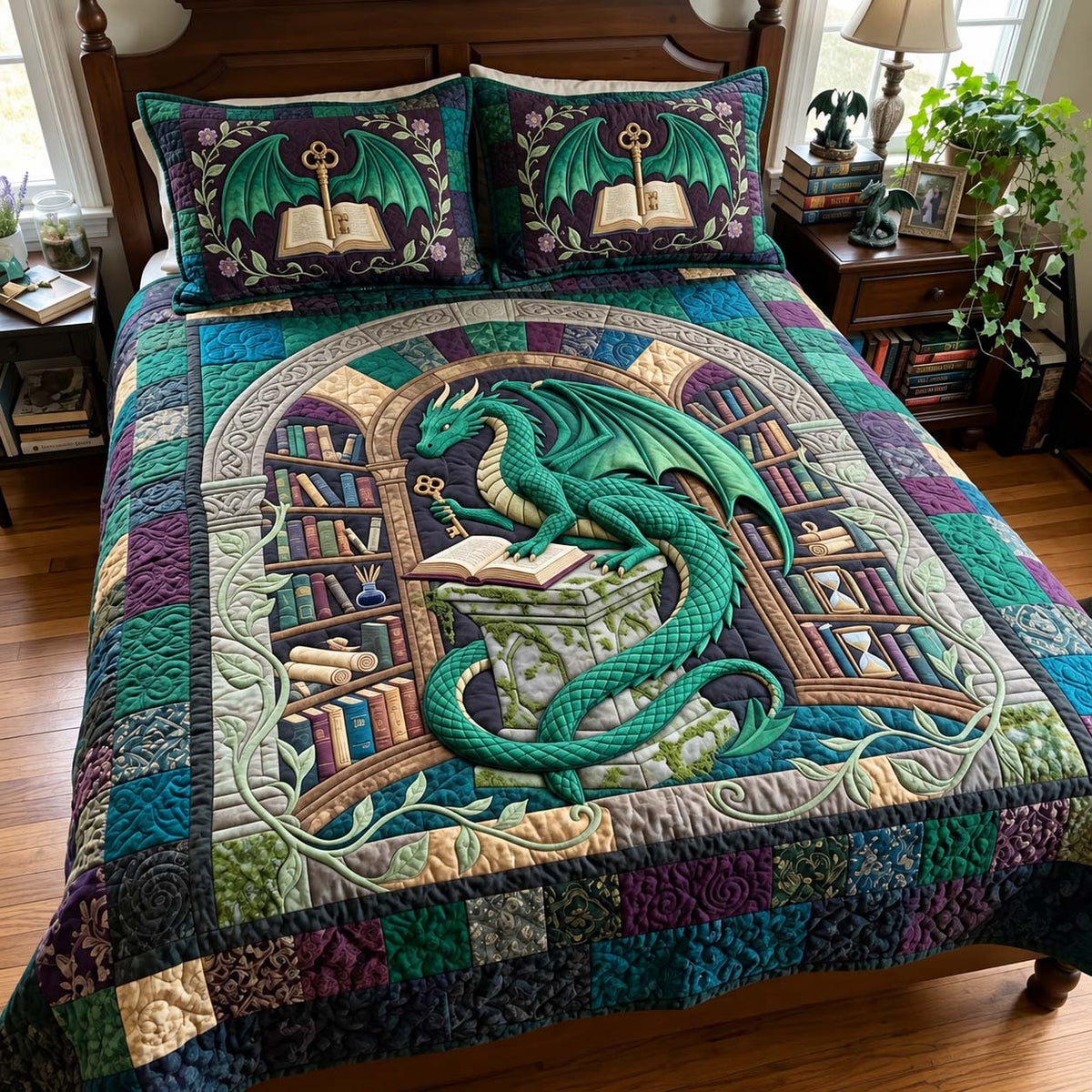 Enchanted Library Dragon 3-Piece Quilted Bedding Set GFTONTD4408