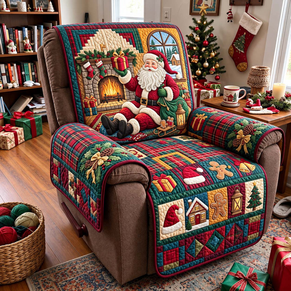 Santa By The Fireplace Quilted Sofa Cover GFTONTD4428