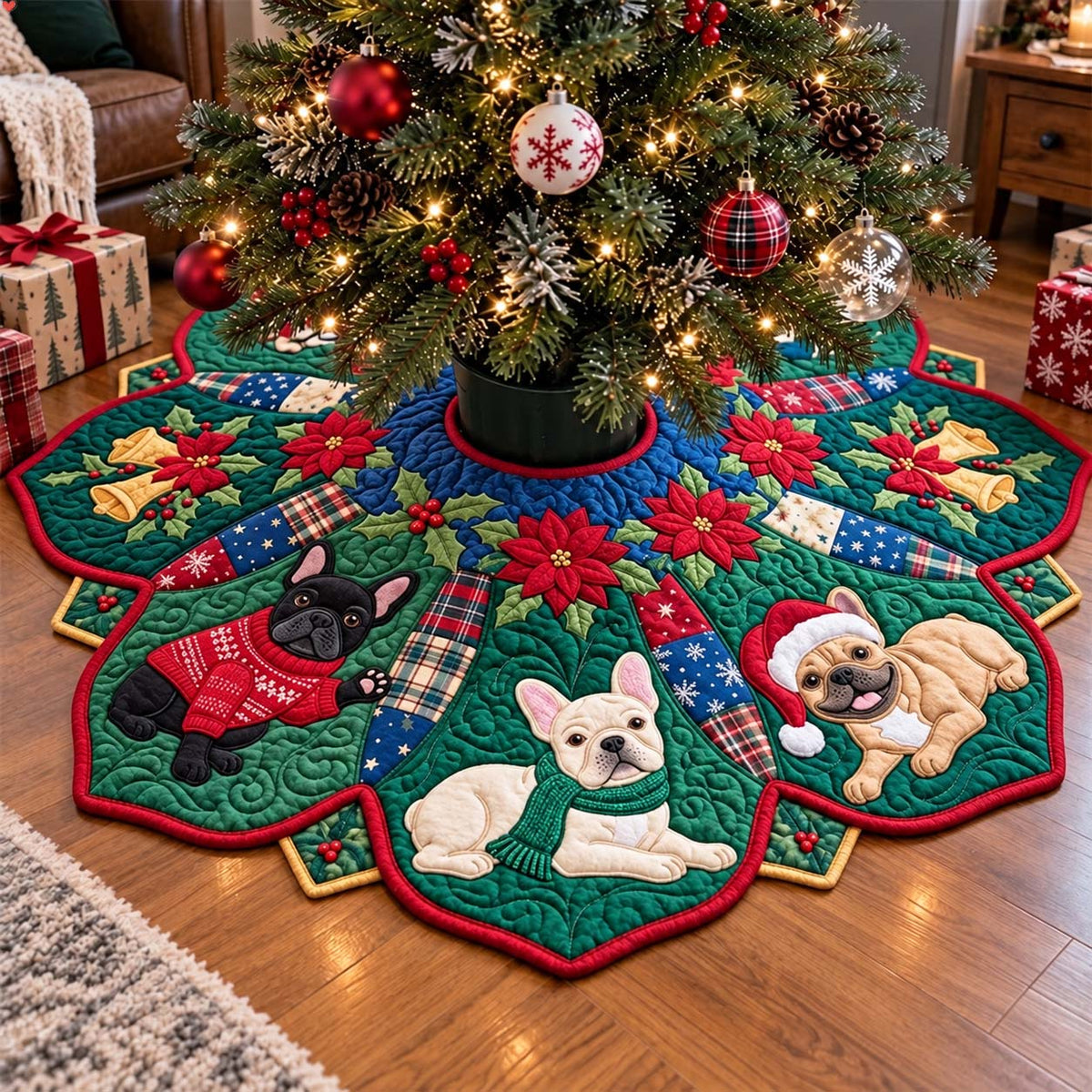 Frenchie Holiday Garden Custom Shape Christmas Quilted Tree Skirt GFTONTD4430