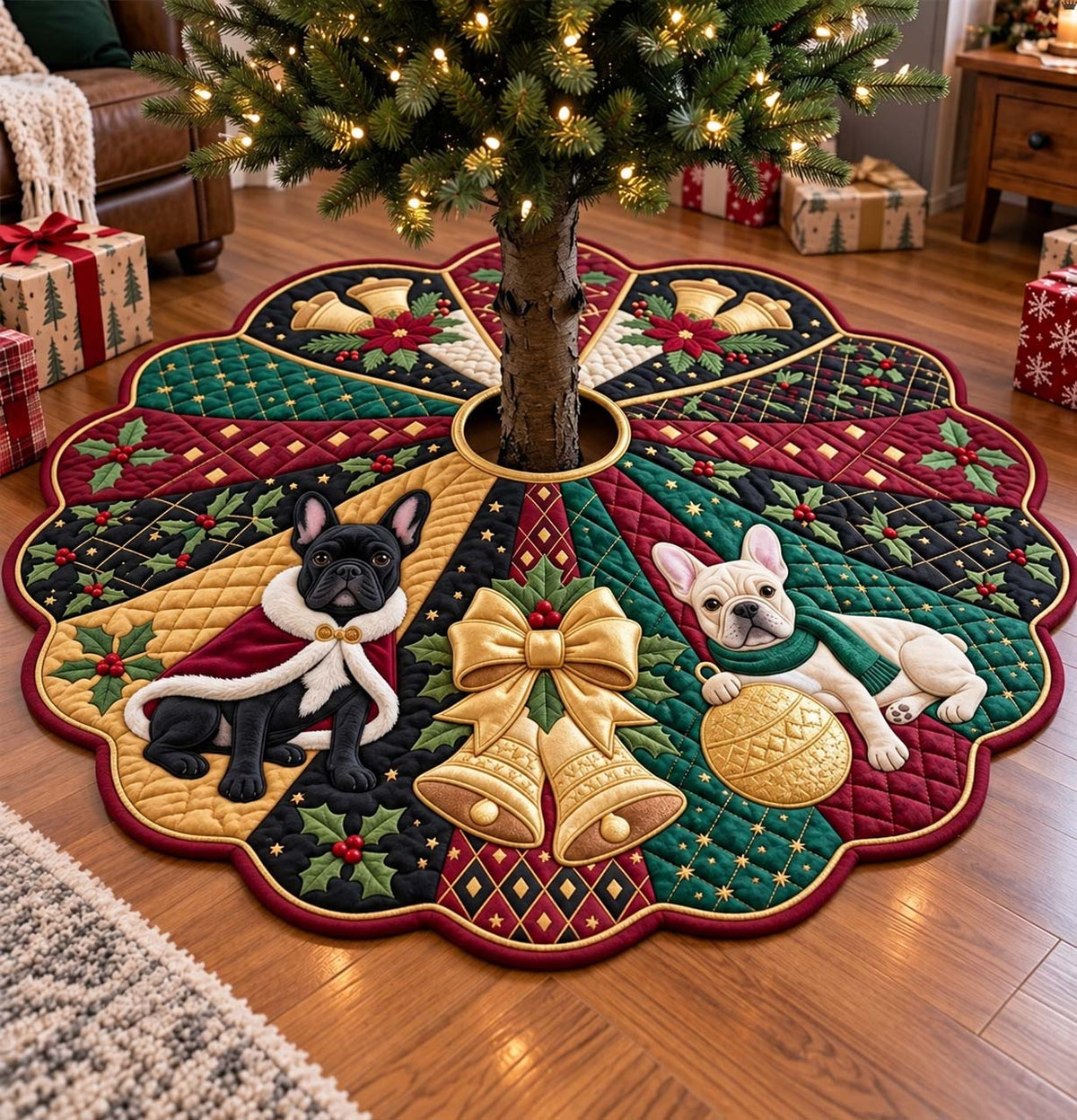 Golden Christmas Frenchies Custom Shape Christmas Quilted Tree Skirt GFTONTD4431