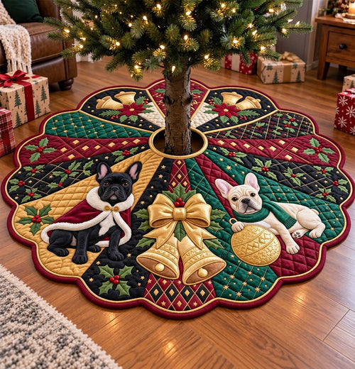 Golden Christmas Frenchies Custom Shape Christmas Quilted Tree Skirt GFTONTD4431