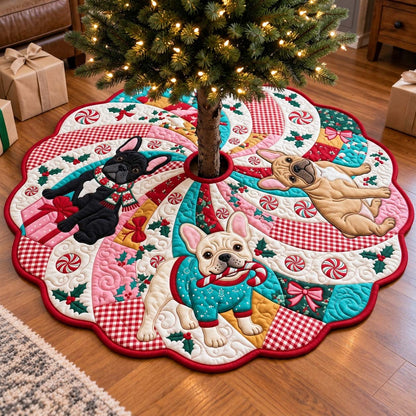 Candy Cane Frenchies Custom Shape Christmas Quilted Tree Skirt GFTONTD4433
