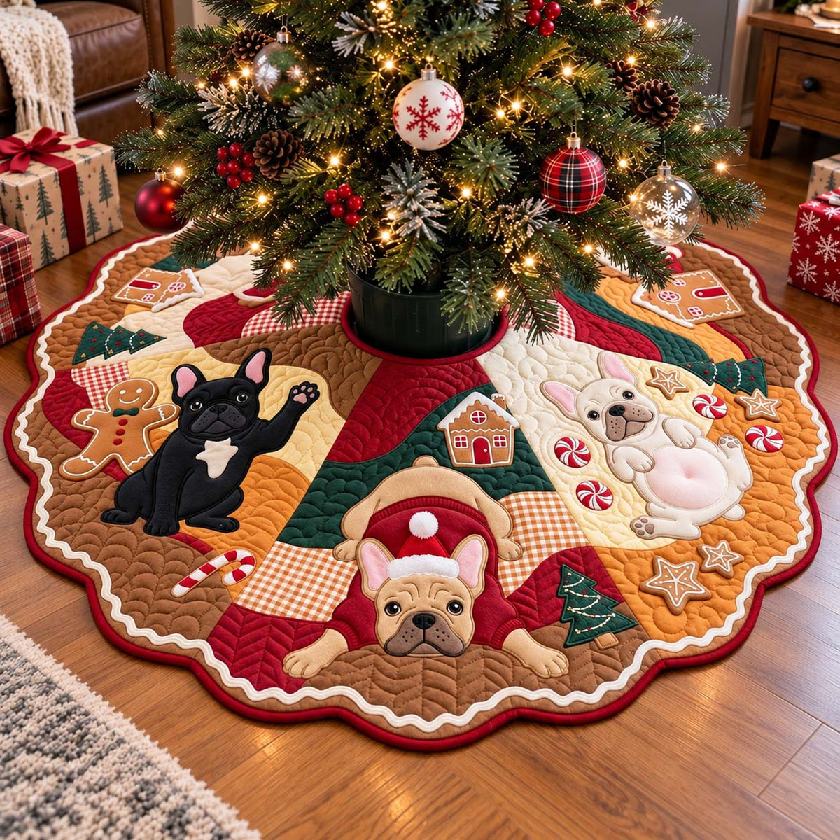 Gingerbread Frenchie Christmas Custom Shape Christmas Quilted Tree Skirt GFTONTD4434