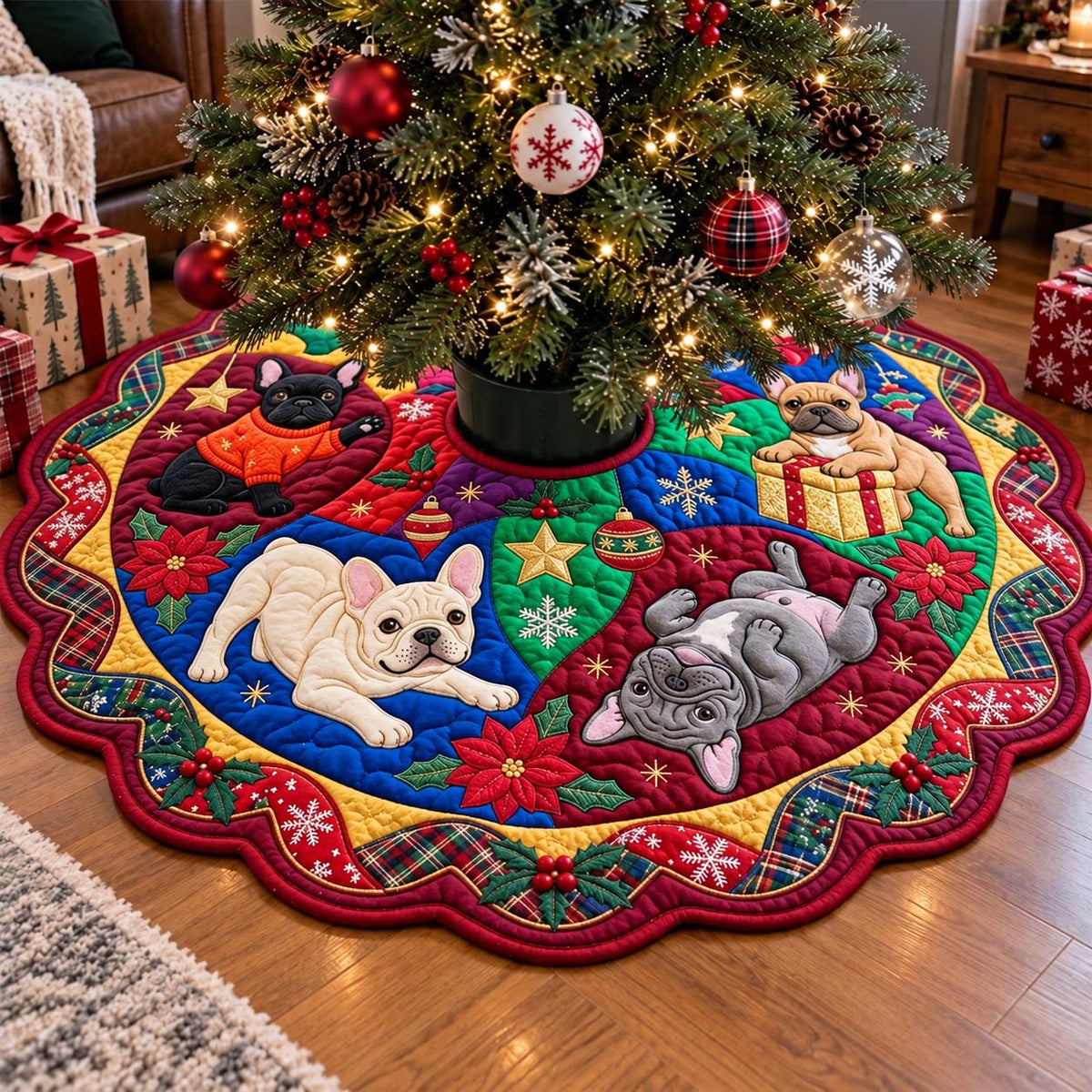 Frenchie Holiday Patchwork Custom Shape Christmas Quilted Tree Skirt GFTONTD4435