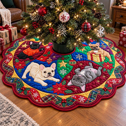 Frenchie Holiday Patchwork Custom Shape Christmas Quilted Tree Skirt GFTONTD4435