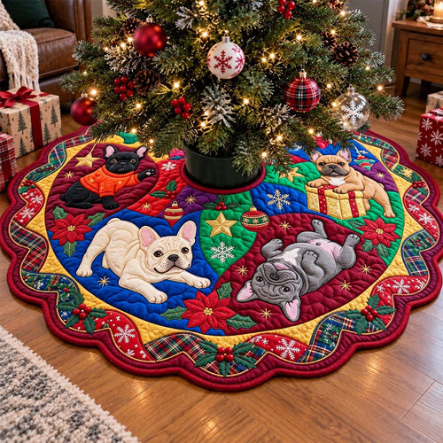 Frenchie Holiday Patchwork Custom Shape Christmas Quilted Tree Skirt GFTONTD4435