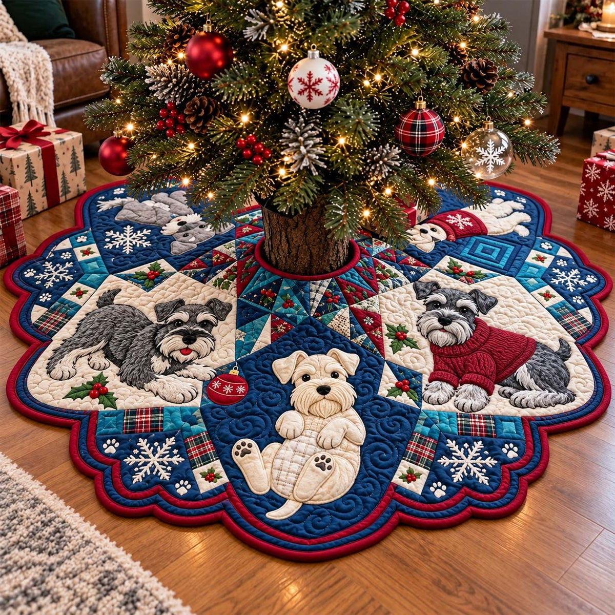 Schnauzer Winter Patchwork Custom Shape Christmas Quilted Tree Skirt GFTONTD4440