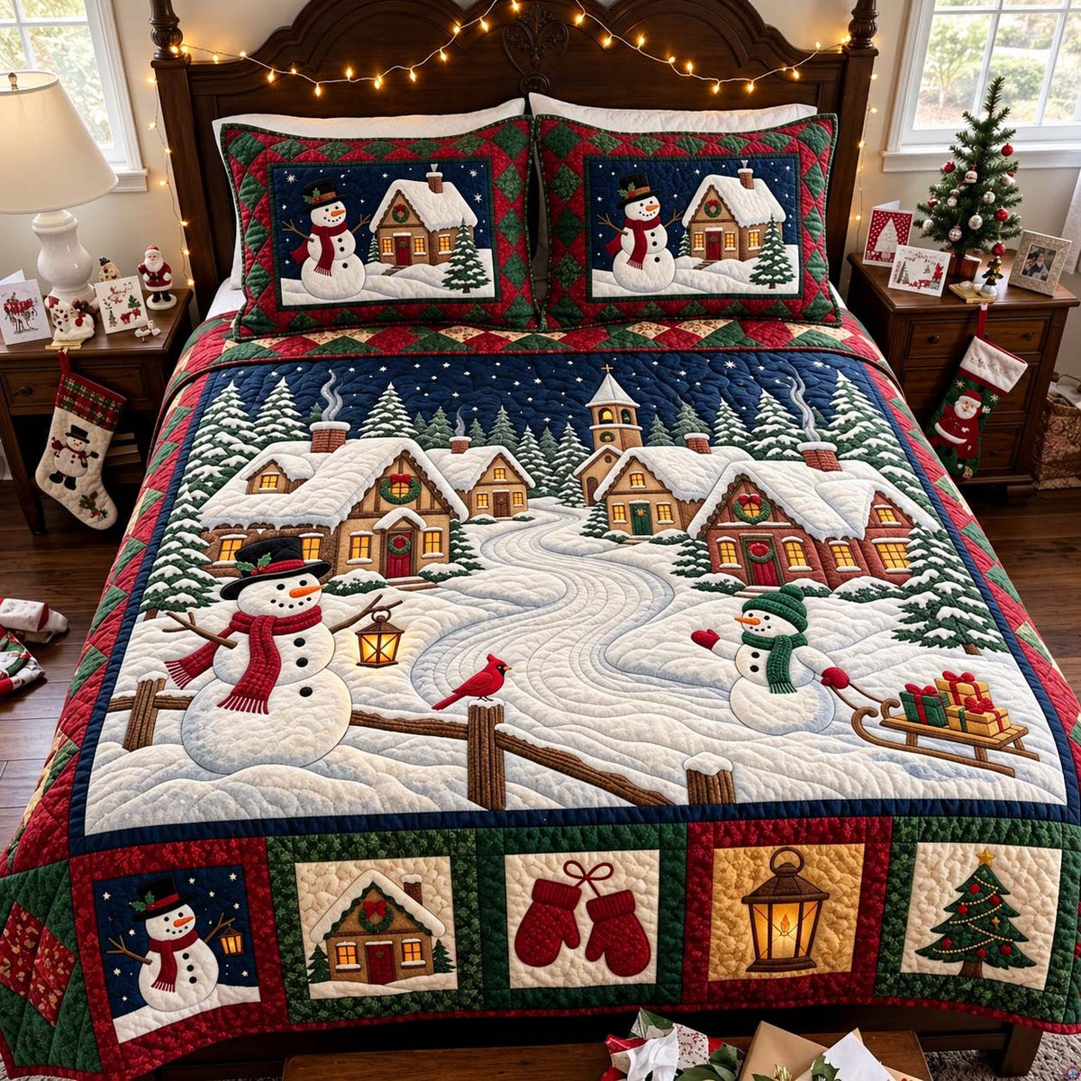 Christmas Village Snowmen 3-Piece Quilted Bedding Set GFTONTD4458