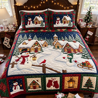 Christmas Village Snowmen 3-Piece Quilted Bedding Set GFTONTD4458