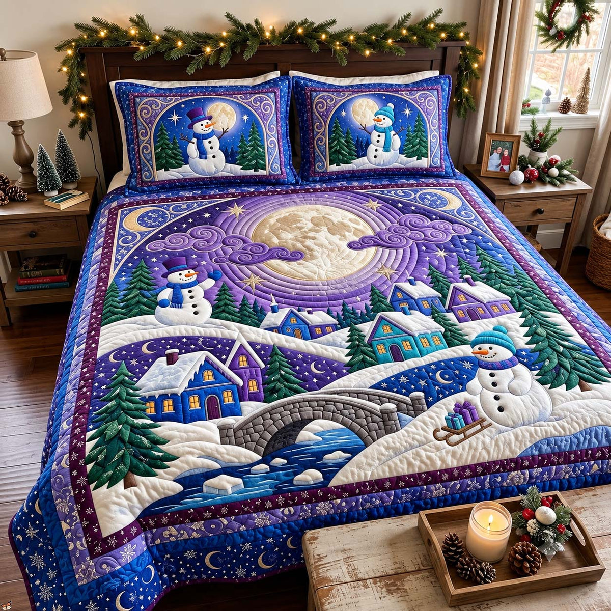 Moonlit Snowman Village 3-Piece Quilted Bedding Set GFTONTD4459