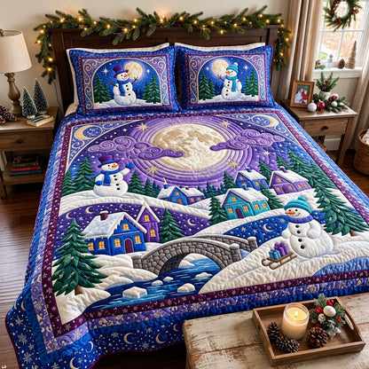 Moonlit Snowman Village 3-Piece Quilted Bedding Set GFTONTD4459