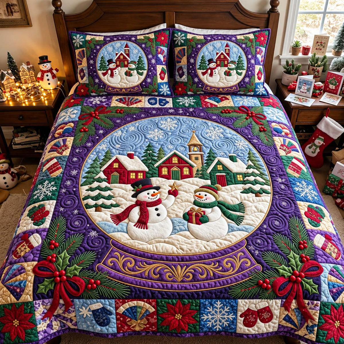 Snow Globe Christmas Village 3-Piece Quilted Bedding Set GFTONTD4460