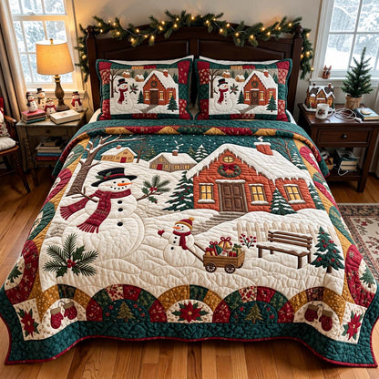 Snowman Cottage Christmas 3-Piece Quilted Bedding Set GFTONTD4461