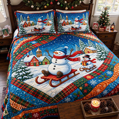 Sledding Snowman Christmas 3-Piece Quilted Bedding Set GFTONTD4463