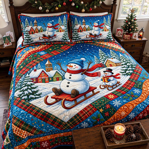 Sledding Snowman Christmas 3-Piece Quilted Bedding Set GFTONTD4463