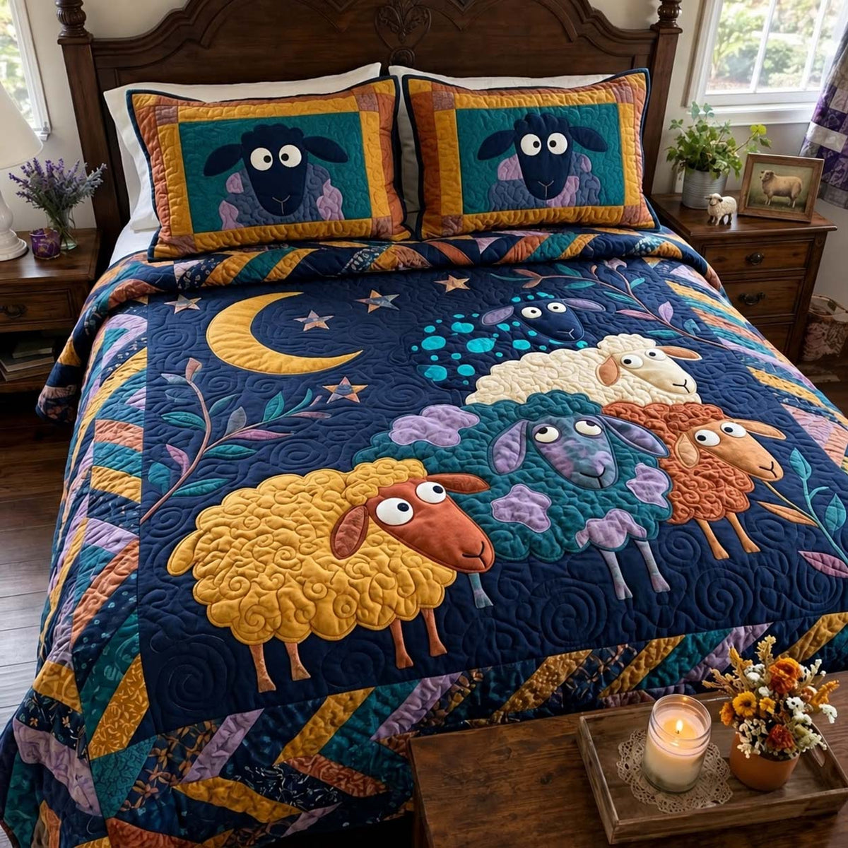 Moonlit Sheep Dreams 3-Piece Quilted Bedding Set GFTONTD4466