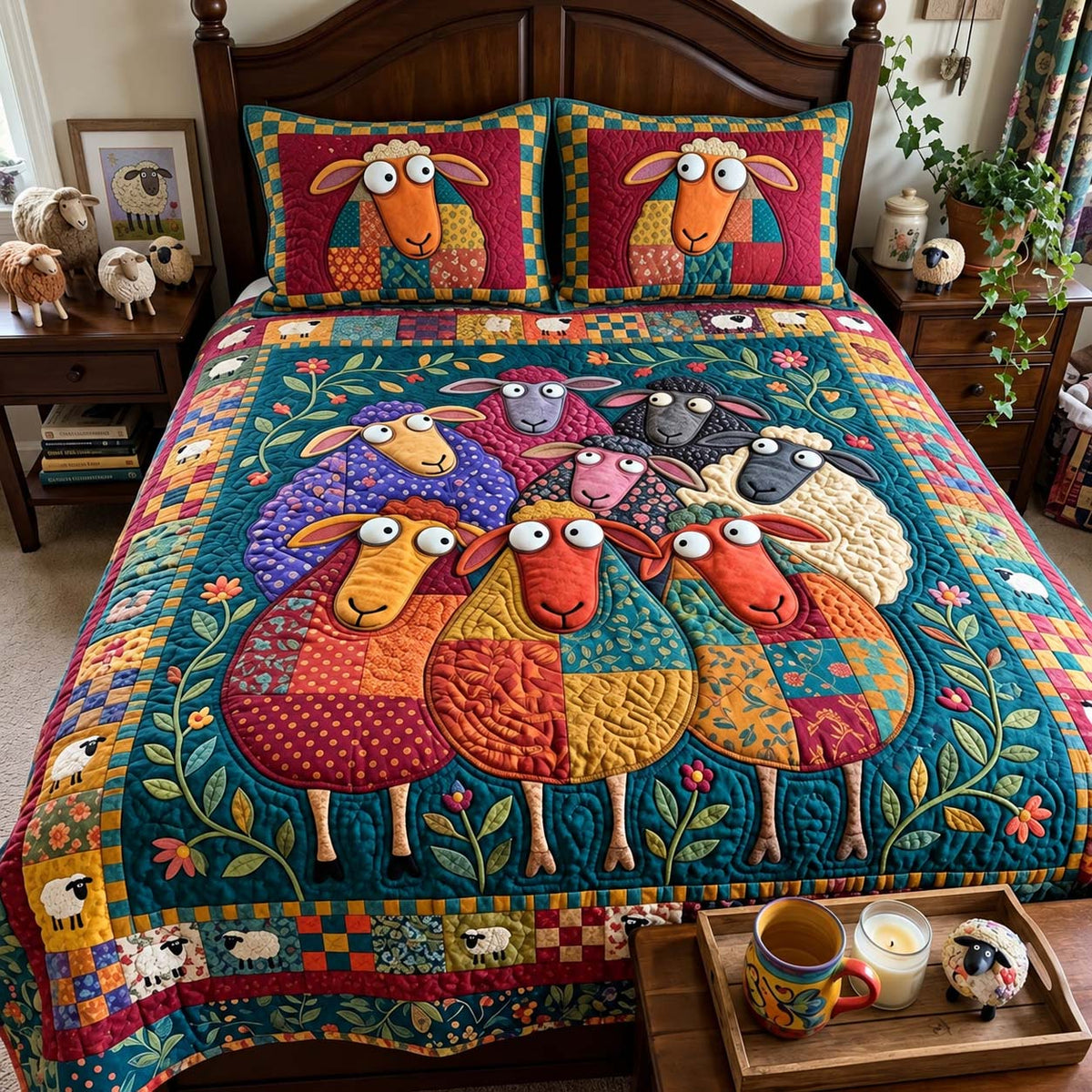 Patchwork Sheep Family 3-Piece Quilted Bedding Set GFTONTD4468