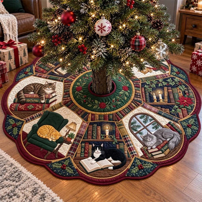 Christmas Library Cats Custom Shape Christmas Quilted Tree Skirt GFTONTD4472
