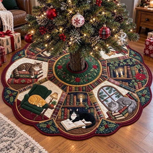 Christmas Library Cats Custom Shape Christmas Quilted Tree Skirt GFTONTD4472
