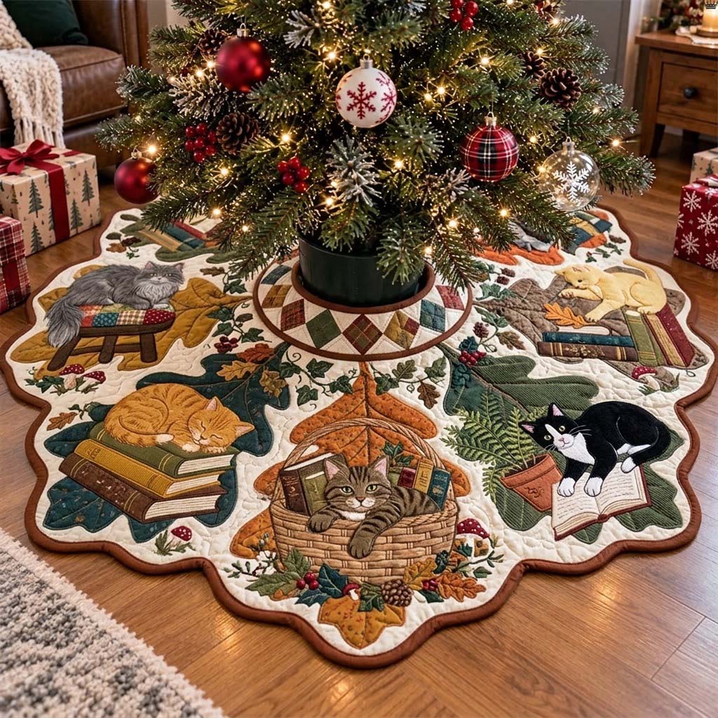 Autumn Book Nook Cats Custom Shape Christmas Quilted Tree Skirt GFTONTD4473