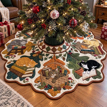 Autumn Book Nook Cats Custom Shape Christmas Quilted Tree Skirt GFTONTD4473