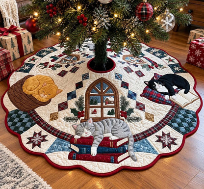 Winter Reading Cats Custom Shape Christmas Quilted Tree Skirt GFTONTD4475
