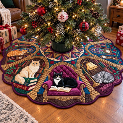 Vintage Library Cat Lounge Custom Shape Christmas Quilted Tree Skirt GFTONTD4476