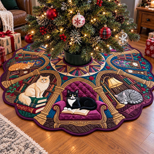 Vintage Library Cat Lounge Custom Shape Christmas Quilted Tree Skirt GFTONTD4476