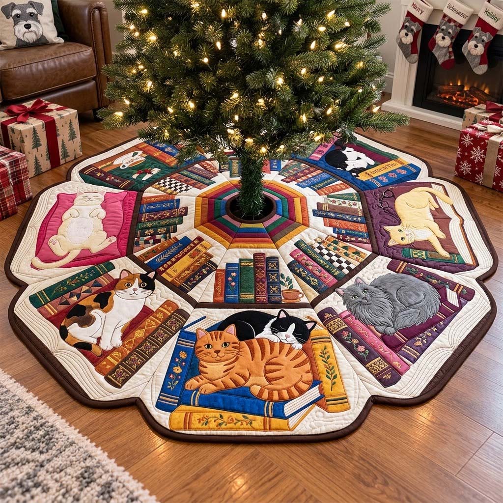 Storybook Cats Custom Shape Christmas Quilted Tree Skirt GFTONTD4477