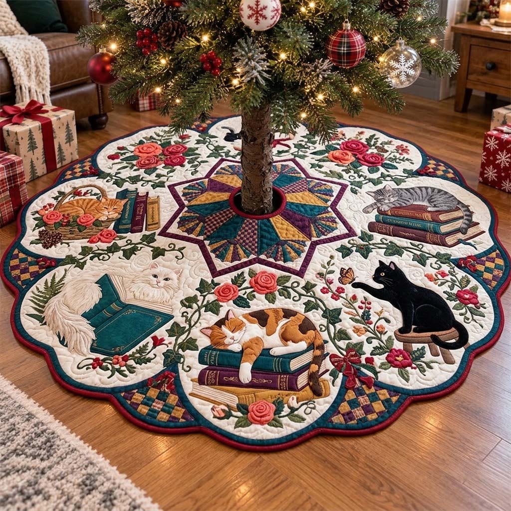 Rose Garden Library Cats Custom Shape Christmas Quilted Tree Skirt GFTONTD4478