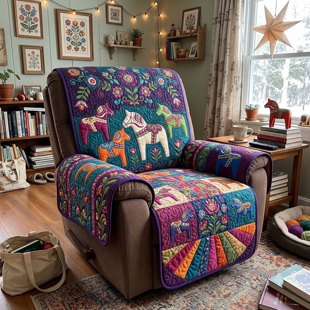 Folk Bloom Dala Horses Quilted Sofa Cover GFTONTD4505