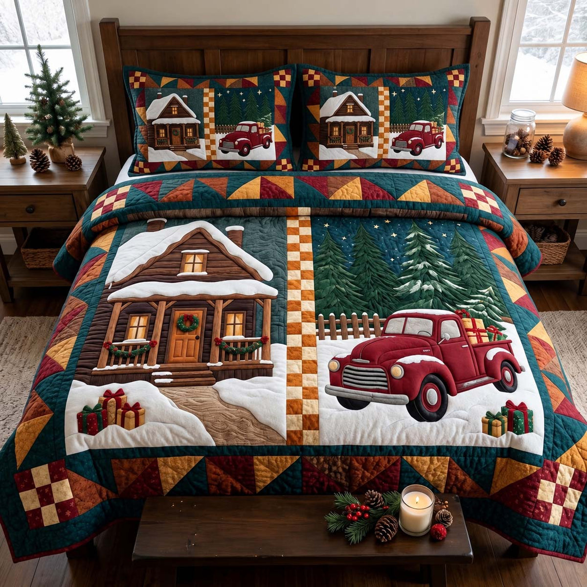 Christmas Cabin Patchwork 3-Piece Quilted Bedding Set GFTONTD4511