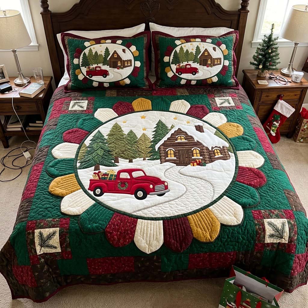 Holiday Truck Snowglobe 3-Piece Quilted Bedding Set GFTONTD4512