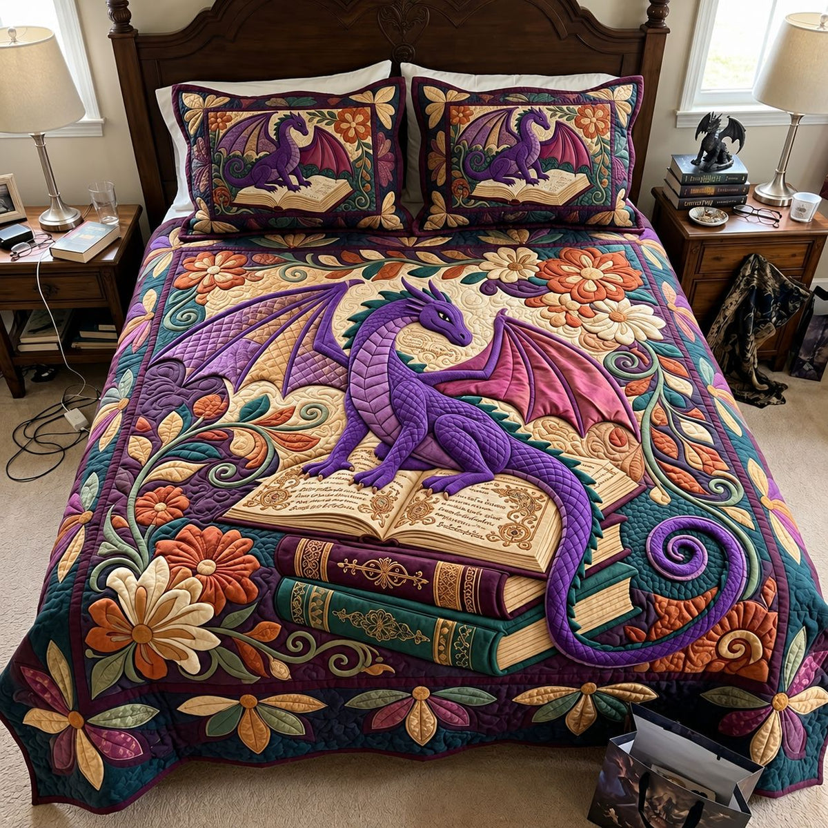 Purple Storybook Dragon 3-Piece Quilted Bedding Set GFTONTD4513
