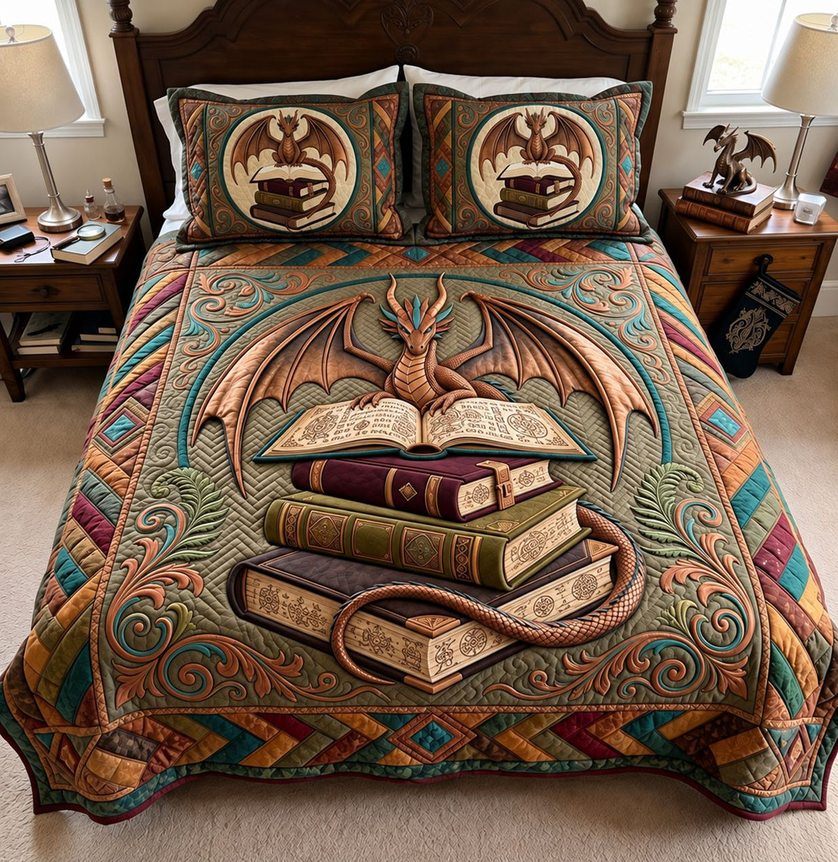 Ancient Library Dragon 3-Piece Quilted Bedding Set GFTONTD4517
