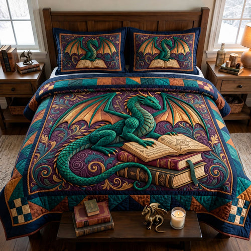 Emerald Book Dragon 3-Piece Quilted Bedding Set GFTONTD4519