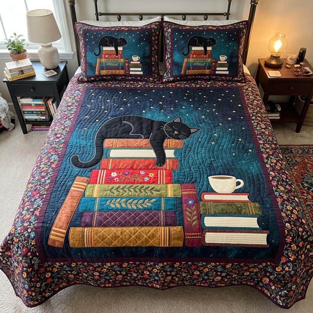 Starlit Reading Cat 3-Piece Quilted Bedding Set GFTONTD4522
