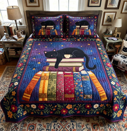 Floral Bookstack Cat 3-Piece Quilted Bedding Set GFTONTD4523