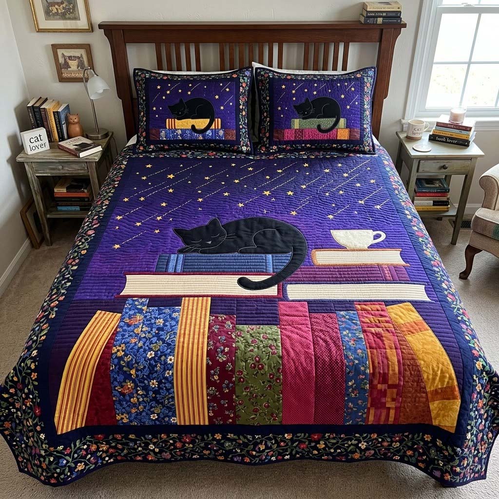 Midnight Story Cat 3-Piece Quilted Bedding Set GFTONTD4526