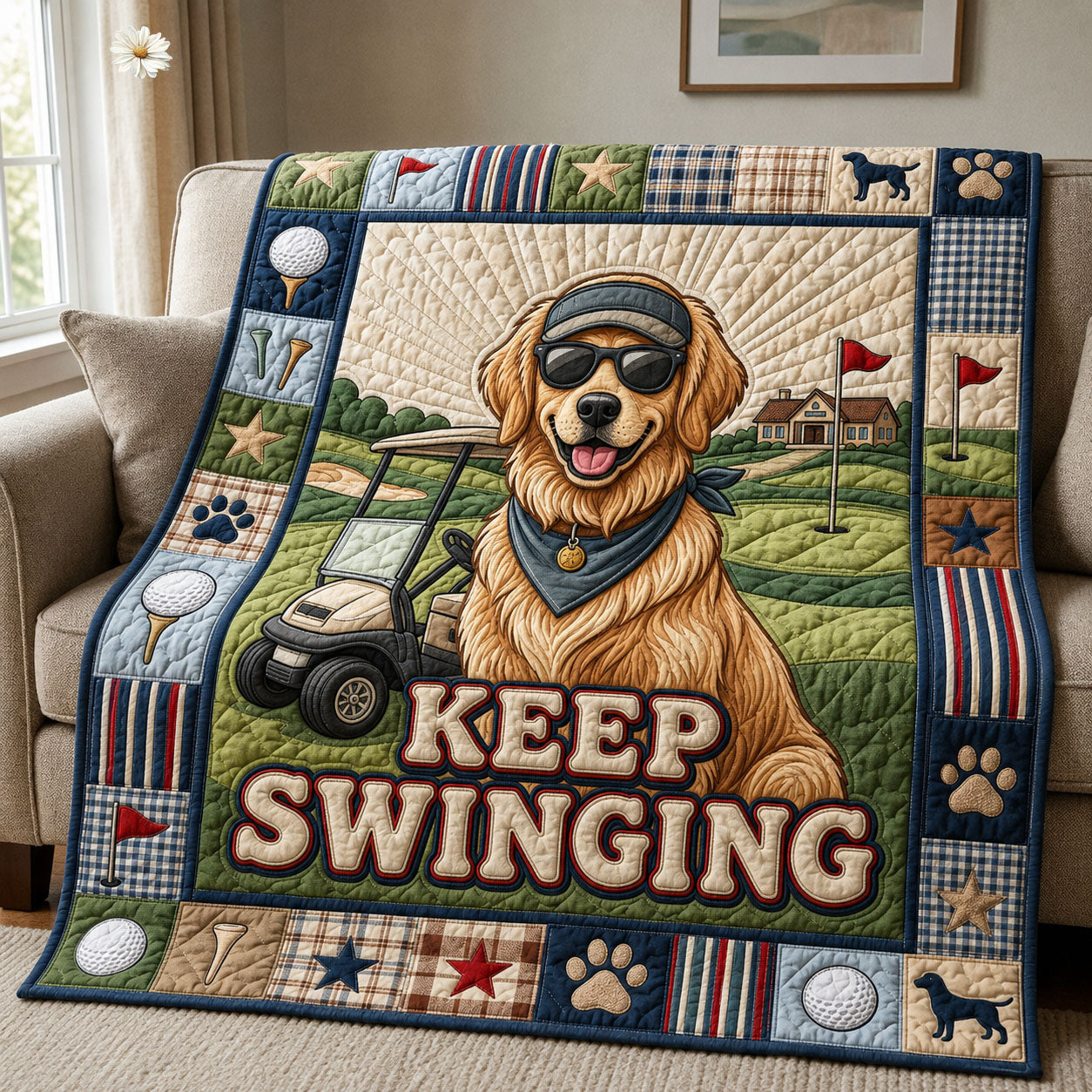 Golden Retriever Keep Swinging Quilted Blanket GFTOPND1000